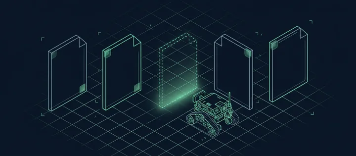 Illustration: Eine Reihe Seitenkacheln, in der Mitte nur noch ein gestrichelter, leerer Rahmen; ein Crawler-Roboter wendet sich davon ab zur nächsten Kachel.