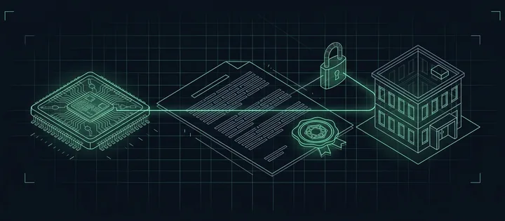 Illustration: Ein Vertragsdokument mit Siegel zwischen einem Prozessorchip und einem kleinen Bürogebäude; eine Linie mit Schloss verbindet alle drei.
