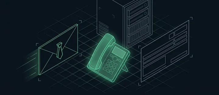 Illustration: Ein Umschlag mit Krawatten-Abzeichen auf dem Weg zu einem leeren Überweisungsformular; dazwischen leuchtet ein Tischtelefon grün, dahinter steht ein Server.