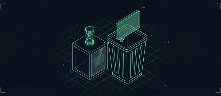 Illustration: Eine Chatblase fällt in einen Papierkorb; im Server dahinter ist eine blasse Kopie derselben Chatblase noch sichtbar, oben eine Sanduhr.