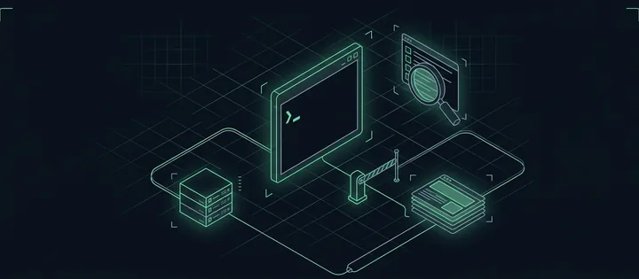 Illustration: Ein Terminalfenster, von dem drei Leitungen zu einem Server, einer Lupe über einer Ergebnisliste und einem Stapel Seitenkacheln laufen; vor den Seiten steht eine Prüfschranke.