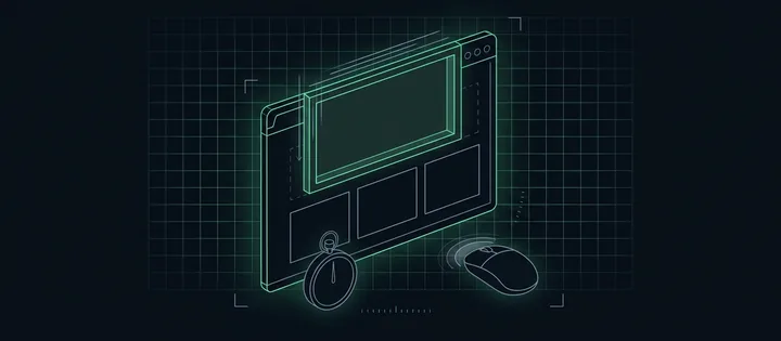 Illustration: Ein grün leuchtendes Browserfenster, in dem ein großer leerer Bildrahmen oben einrastet, darunter drei leere Inhaltsblöcke; davor eine Stoppuhr ohne Ziffern und eine Maus mit Klickwelle.