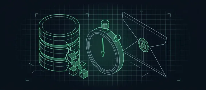 Illustration: Ein Datenbankzylinder mit Riss, aus dem Datenwürfel fallen; daneben eine Stoppuhr am Anfang und ein versiegelter Meldeumschlag.