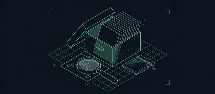 Illustration: Aus einer offenen Archivbox ragt ein Stapel Blätter; davor liegt ein Blatt unter einer Lupe, daneben ein verschlossener Beutel.