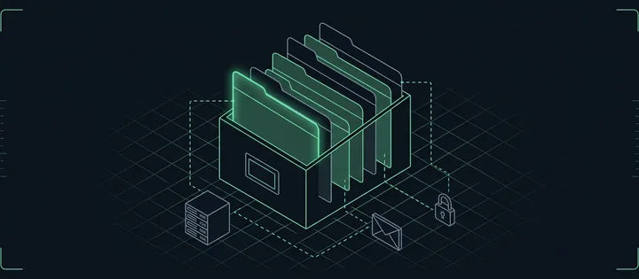 Illustration: Ein Karteikasten als DNS-Zone, eine Karte grün leuchtend herausgezogen; gestrichelte Linien führen zu einem Webserver, einem Umschlag und einem Schloss.