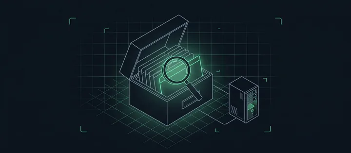 Illustration: Eine DNS-Zone als Karteikasten mit leeren Karten; eine Lupe über einer grün leuchtenden Karte, eine Linie führt zu einem Server.