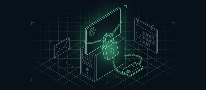 Illustration: Eine Domain als Namensschild mit Globus auf einem Registerserver, davor ein grün leuchtendes Vorhängeschloss mit Kette zu einer Schlüsselkarte; dahinter ein Umschlag und ein leeres Kalenderblatt.
