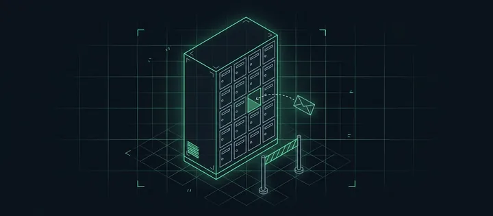 Illustration: Ein Mailserver mit einer Wand aus gleichen Postfachtüren; ein Umschlag fliegt auf gestricheltem Pfeil zu einer leuchtenden Lücke ohne Tür, davor eine Absperrung.
