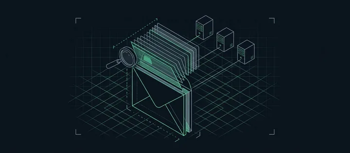 Illustration: Ein Umschlag mit einem aufgefächerten Stapel durchsichtiger Kopfkarten, davor eine Lupe; dahinter drei Mailserver, jeder mit dem Stapel verbunden.