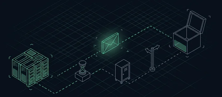 Illustration: Ein Umschlag hängt auf halbem Weg zwischen Mailserver und Postfach; am Weg stehen eine Sanduhr, ein verschlossenes Schließfach und eine Weggabelung.
