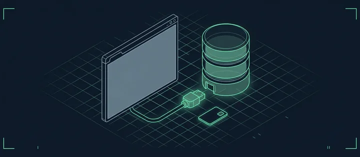 Illustration: Illustration: Ein leeres Browserfenster und ein Datenbankzylinder, dazwischen ein Kabel, dessen Stecker aus der Buchse gezogen ist und grün leuchtet; daneben liegt eine kleine Schlüsselkarte.