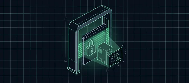 Illustration: Ein Browserfenster in einem Scannerbogen; der Strahl macht dahinter Schloss, Server und Zertifikat sichtbar.