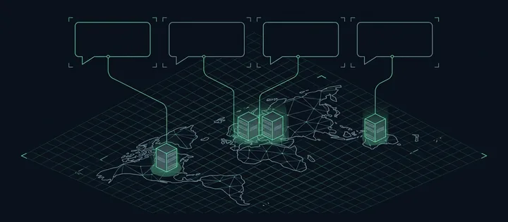 Illustration: Vier Chatblasen, jede mit einer Leitung zu einem Server auf einer Weltkarte; drei Server stehen nah beieinander, der vierte weit entfernt.