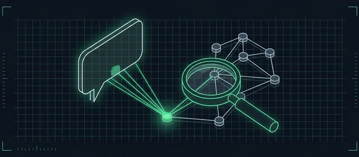 Illustration: Eine Lupe über einem Netz verbundener Knoten; ein grün leuchtender Knoten sendet Linien in eine Sprechblase.