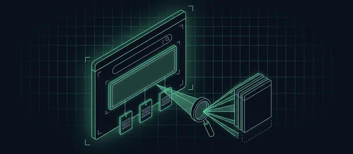 Illustration: Ein Browserfenster mit Suchfeld und einem großen Antwortfeld statt einer Trefferliste, an dem drei Linkkarten hängen; daneben teilt eine Lupe einen Strahl in mehrere, die zu einem Stapel Seitenkacheln laufen.