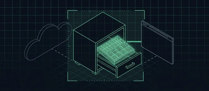 Illustration: Illustration: Ein Server mit offener Schublade, darin ein grün leuchtender Setzkasten mit leeren Lettern-Klötzchen; eine grüne Linie führt zu einem Browserfenster, die graue gestrichelte Linie zu einem fernen fremden Server ist durchtrennt.