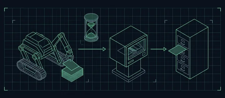 Illustration: Drei Stationen mit Pfeilen: Crawler-Roboter, Prüfkasten, Karteikasten; über dem mittleren Pfeil eine Sanduhr.