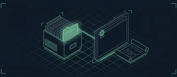 Illustration: Ein Karteikasten als DNS-Zone mit einer grün leuchtenden, halb herausgezogenen Karte, verbunden mit einem Browserfenster mit Siegel; daneben eine Sitemap-Rolle.