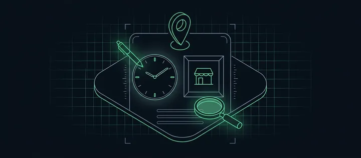 Illustration: Eine Profilkarte mit Stecknadel, Uhr und einem Bildrahmen mit Ladenumriss; ein grüner Stift über der Uhr, eine Lupe über den leeren Adresszeilen.