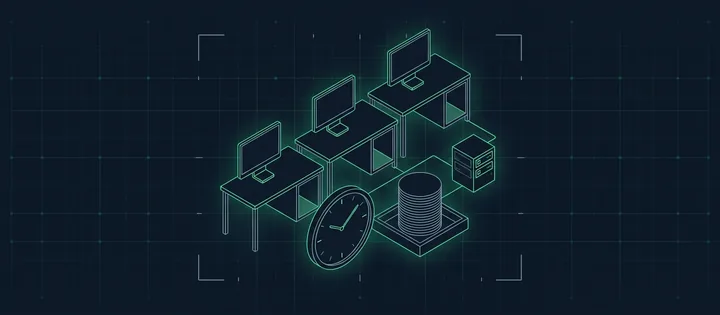 Illustration: Illustration: Drei Arbeitsplätze mit leeren Monitoren, verbunden mit einem kleinen Server; davor eine Uhr ohne Ziffern und ein Tablett mit einem Stapel glatter Scheiben.