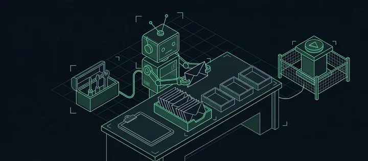 Illustration: Ein kleiner Roboter sortiert leere Umschläge aus einem Eingangskorb in fünf Ablagen, daneben ein Entwurf auf einem Klemmbrett; ein Sendeknopf auf einem Sockel ist mit einer Schranke abgesperrt.