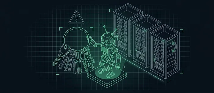 Illustration: Ein kleiner Roboter hält einen großen Schlüsselbund vor einer Reihe Serverschränke; über den Schlüsseln schwebt ein Warndreieck.