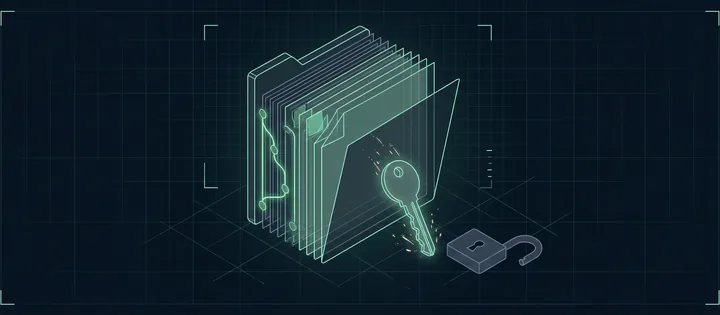 Illustration: Aus einem gestapelten Code-Repository mit Verzweigungslinie rutscht ein grün leuchtender Schlüssel durch einen Spalt und fällt; daneben liegt ein offenes Vorhängeschloss.