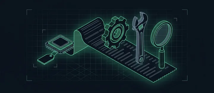 Illustration: Ein kleiner Chip mit Preisschild; davon rollt ein langer leerer Zettel ab, darauf Zahnrad, Schraubenschlüssel und Lupe, alle größer als der Chip.