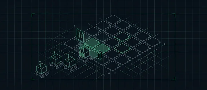 Illustration: Eine Website aus Seitenkacheln mit einer Textdatei als Wegweiser am Eingang; drei Crawler-Roboter nähern sich, der vorderste steht an einer Schranke.