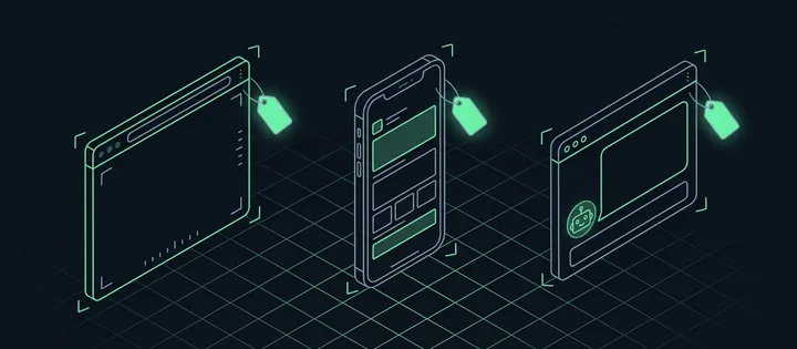 Illustration: Illustration: Ein Browserfenster, ein Smartphone mit leerem Feed und ein Chatfenster mit Roboterkopf; an jedem hängt ein kleines, grün leuchtendes Etikett.