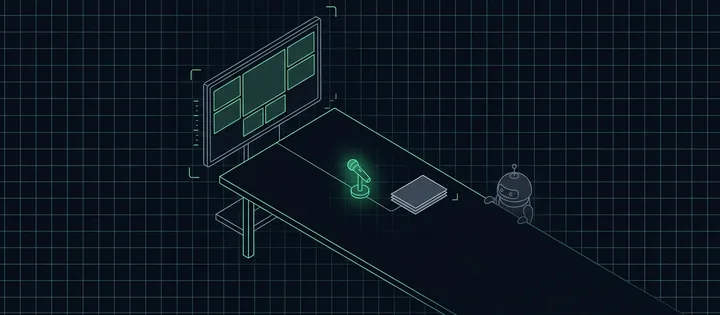 Illustration: Ein grün leuchtendes Mikrofon auf einem Besprechungstisch, verbunden mit einem Stapel leerer Blätter; vom Tischrand schaut ein kleiner grauer Roboter herein.