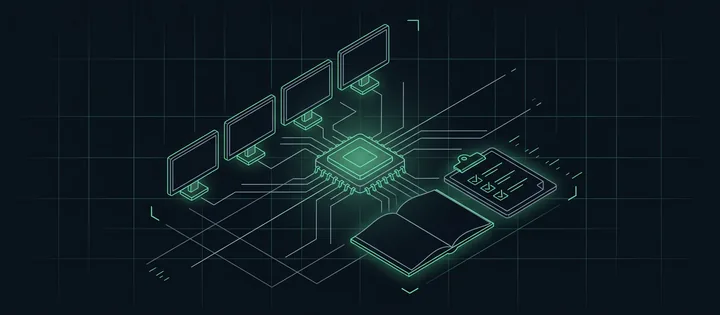 Illustration: Ein grün leuchtender Prozessorchip, von dem Linien zu vier leeren Arbeitsplätzen laufen; daneben ein aufgeschlagenes leeres Handbuch und ein Klemmbrett mit drei abgehakten Kästchen.