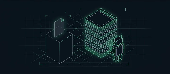 Illustration: Eine kleine Textdatei auf einem Sockel neben einem großen Stapel Seitenkacheln; der Lese-Roboter wendet sich dem Stapel zu, nicht der Datei.