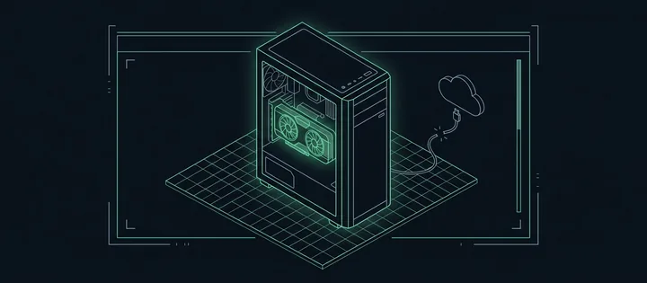 Illustration: Ein Desktop-Rechner mit leuchtender Grafikkarte steht in einem umrandeten Bereich; das Kabel zu einer Wolke außerhalb ist gekappt und endet vor ihr.