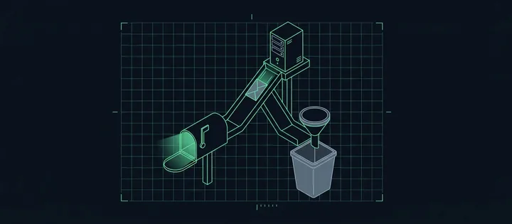 Illustration: Ein Umschlag rutscht von einem Mailserver eine geteilte Rinne hinab: ein Arm führt zu einem grün leuchtenden Briefkasten, der andere zu einer grauen Tonne unter einem Filtertrichter.