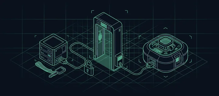Illustration: Ein kleiner Server ist per Kabel an ein KI-Modul angeschlossen; dazwischen ein Prüftor mit Scannerrahmen, am Kabel ein Vorhängeschloss, daneben ein schmaler Token-Schlüssel.