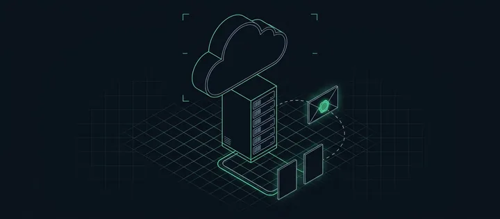 Illustration: Eine Wolke über einem Mailserver, der per Kabel mit zwei leeren DNS-Karten verbunden ist; ein versiegelter Umschlag zieht auf gestricheltem Weg davon.