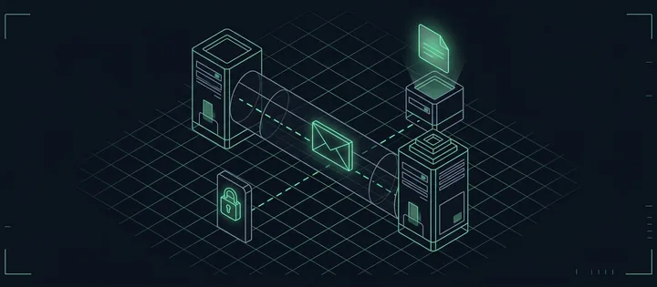 Illustration: Ein Umschlag gleitet in einer geschlossenen Röhre von einem Mailserver zum anderen; davor ein Schild mit Vorhängeschloss, über einer kleinen Box schwebt eine Richtlinienkarte.
