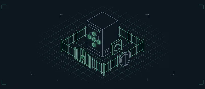Illustration: Ein Server mit einer Kette aus drei Workflow-Knoten auf der Front steht hinter einem Zaun mit verschlossenem Tor; daneben eine Sicherungsplatte mit Kreispfeil und ein Schild.