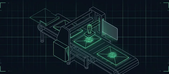 Illustration: Umschläge laufen auf einem Förderband aus einer Versandmaschine; ein Stempelarm drückt jedem ein grün leuchtendes Siegel auf, daneben steht eine leere DNS-Karte.