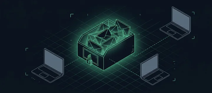 Illustration: Eine grün leuchtende gemeinsame Briefablage voller Umschläge, mit Schloss an der eigenen Tür; gestrichelte Linien führen zu drei Laptops.