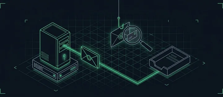 Illustration: Ein Mailserver schickt einen gesiegelten Umschlag auf grünem Weg zu einer Ablage; von oben hängt an einem Angelhaken ein zweiter Umschlag, den eine Lupe prüft.