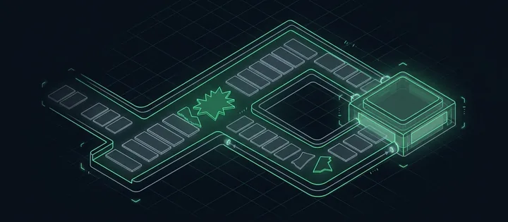 Illustration: Ein Strom gleicher Datenstreifen läuft in einen Prozessorchip; ein gezacktes grünes Teil mittendrin läuft ungehindert mit hinein.