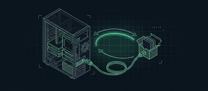Illustration: Ein Server und ein Karteikasten, durch ein Kabel verbunden; zwei gebogene Pfeile laufen zwischen beiden hin und zurück.