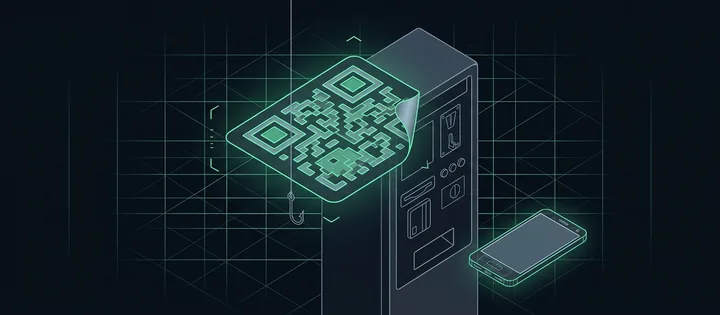 Illustration: Ein grün leuchtender, halb abgezogener Code-Aufkleber auf einem Parkscheinautomaten, davor ein Angelhaken an einer Schnur, daneben ein Smartphone.
