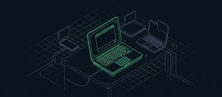 Illustration: Ein grün umrissener Firmen-Laptop mit Chatfenster, dahinter im Schatten mehrere grau umrissene private Geräte mit Chatblasen, deren Datenlinien aus dem Bild laufen.
