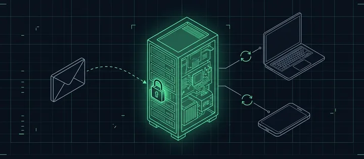 Illustration: Ein Umschlag auf gestricheltem Weg zu einem grün leuchtenden Mailserver mit Schloss; rechts ist der Server über Pfeile im Kreis mit Laptop und Handy verbunden.