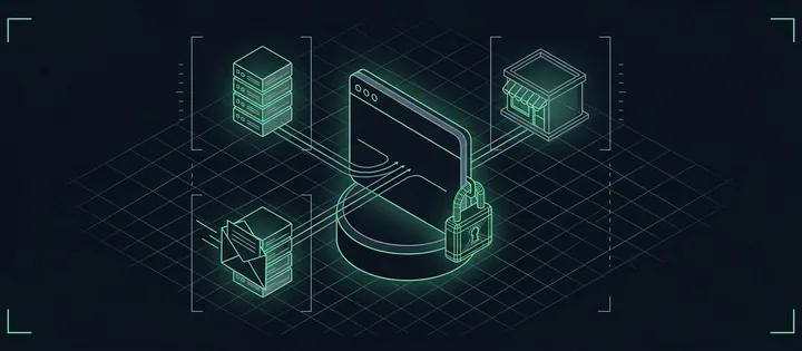 Illustration: Eine DNS-Karte, in die Linien von drei Versendern (Mailserver, Newsletter-Umschlag, Shop) münden; ein Schloss schließt sie ab.