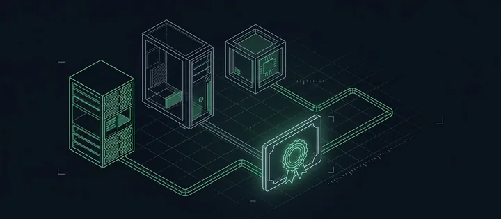 Illustration: Drei Serverformen, jede mit einem eigenen, unterschiedlich langen Weg zu einem Zertifikat mit Siegel in der Mitte.
