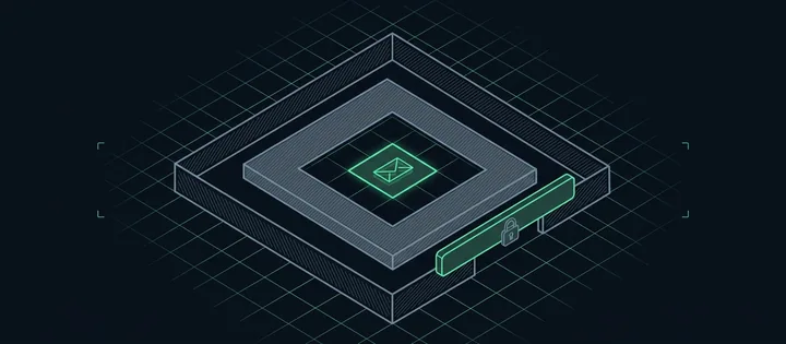 Illustration: Illustration: Drei ineinander liegende Flächen auf einem Raster: ein kleines grün umrandetes Quadrat mit einem Briefumschlag, ein mittlerer und ein großer grau schraffierter Bereich, über dessen Eingang eine Schranke mit Schloss liegt.